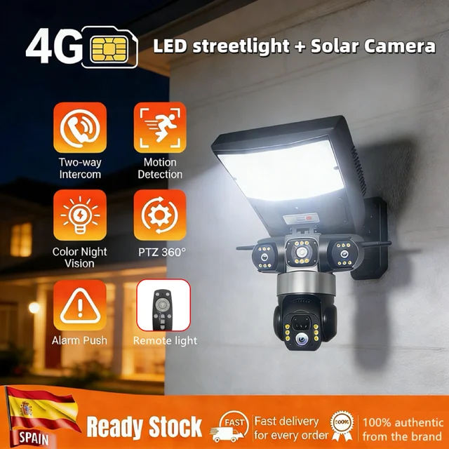 Caméra solaire 4G HD 15MP avec éclairage LED extérieur, étanche, détection de mouvement, vision nocturne, surveillance de sécurité pour jardin et cour 1