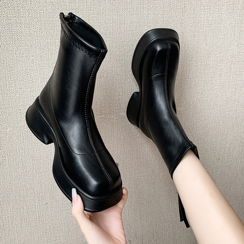 

Fashion Ankle Boots Female Autumn Casual PU ZIP Women Shoes Woman Square Mid Heels Solid Square Toe Short Boots Platform Shoes