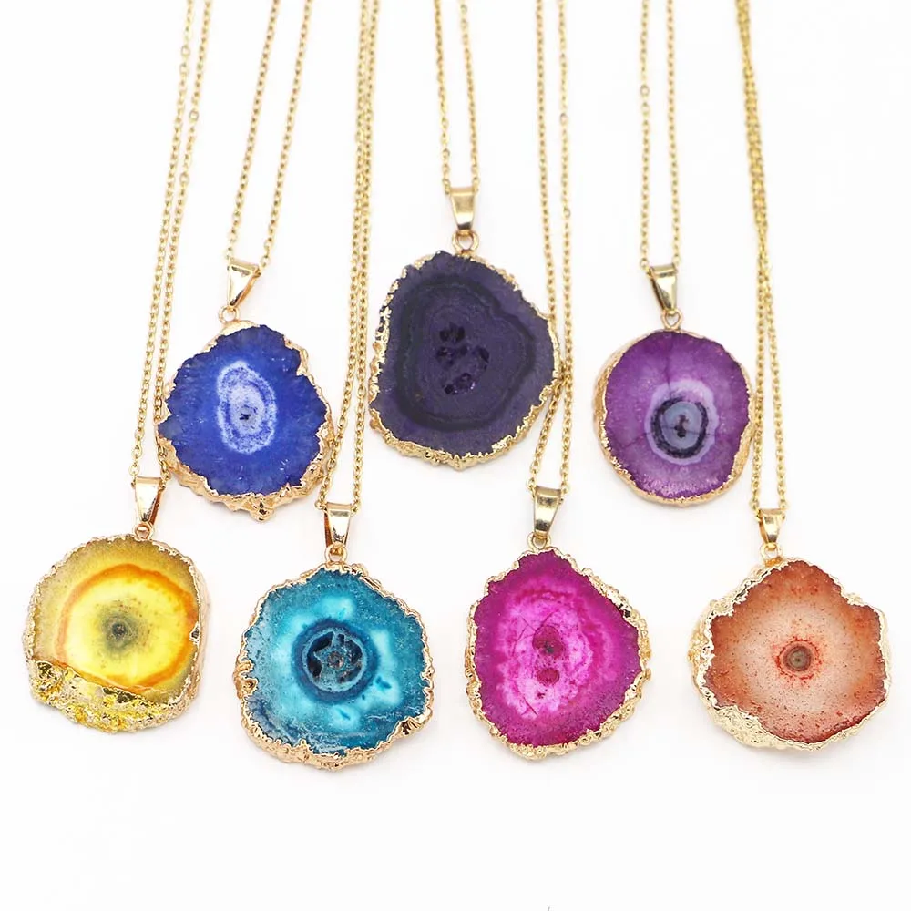 New Natural Stone Irregular Sunflower Druzy Agate Necklace Purple Rose Red Pendant Reiki Charms Women Healing Jewelry Gifts 4PCS