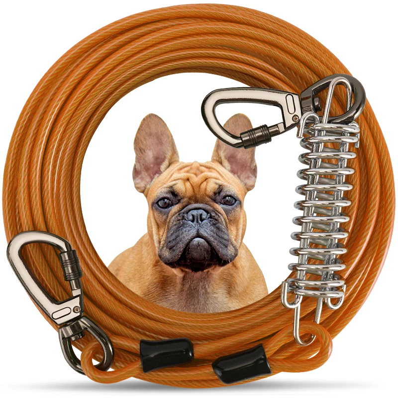 

Anti-biting Double-ended Steel Glue Coating Wire Traction Rope Dog Tie Out Cable with Metal Spring for Small Medium Large Dogs