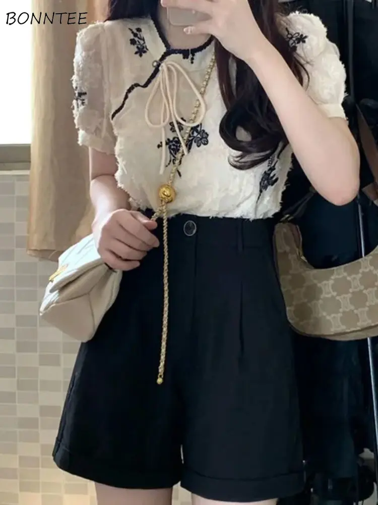 

Женские комплекты блузки с цветочным принтом, винтажные минималистичные универсальные модные повседневные милые шорты с высокой талией, удобные летние шорты в китайском стиле