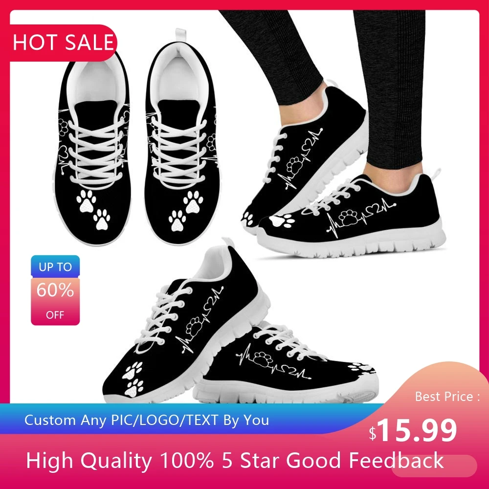 

Cute Pets Dogs Footprints Paw Pattern Woman Shoes Heart Love Heartbeat Print Women's Low Top Casual Sneakers Ladies Big Footwear