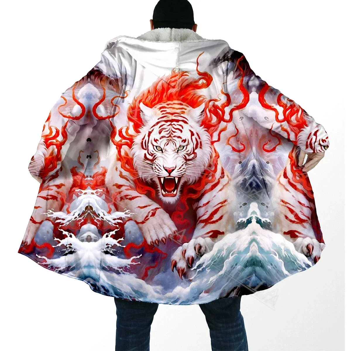 

Tiger Animal Art Tattoo 3D PRINT Thick Warm Hooded Cloak Men Overcoat Coat Windproof Fleece Cape Robe Hooded Blanket-3