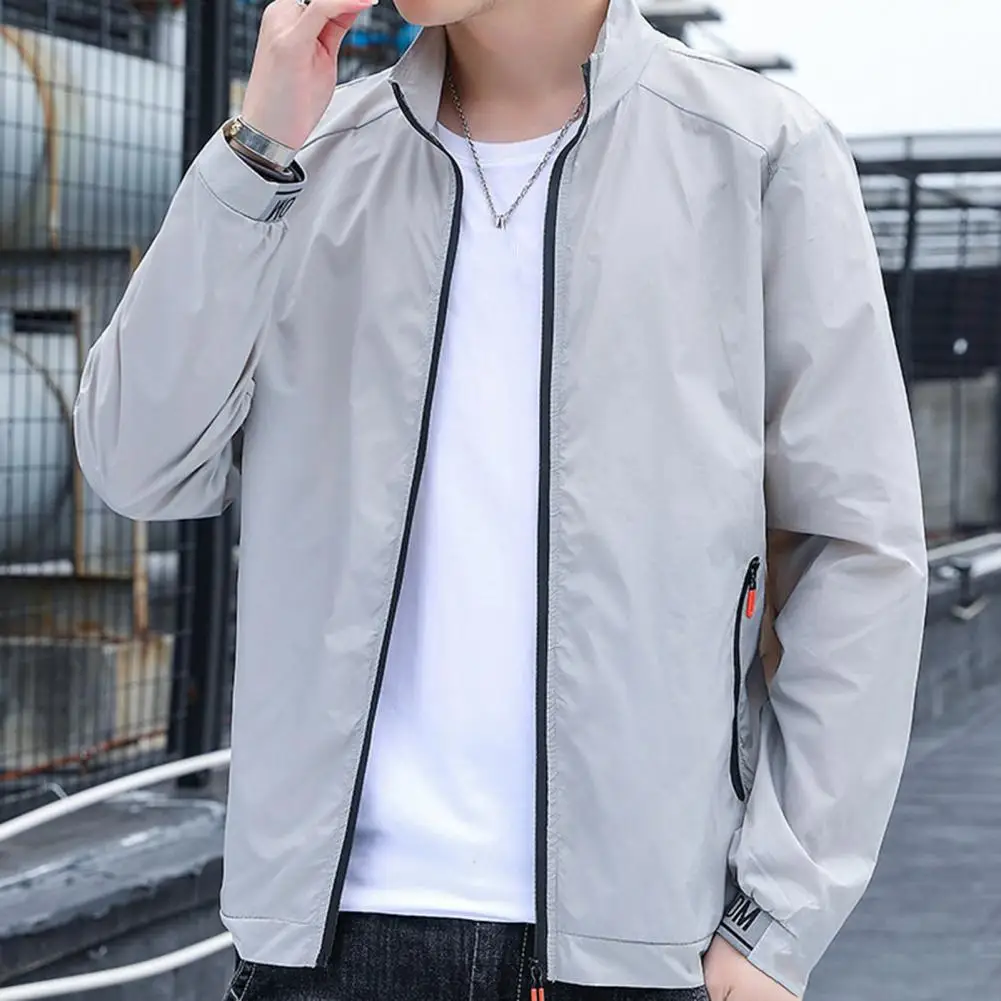 Men Jacket Long Sleeve Pocket Zipper Solid Color Stand-up