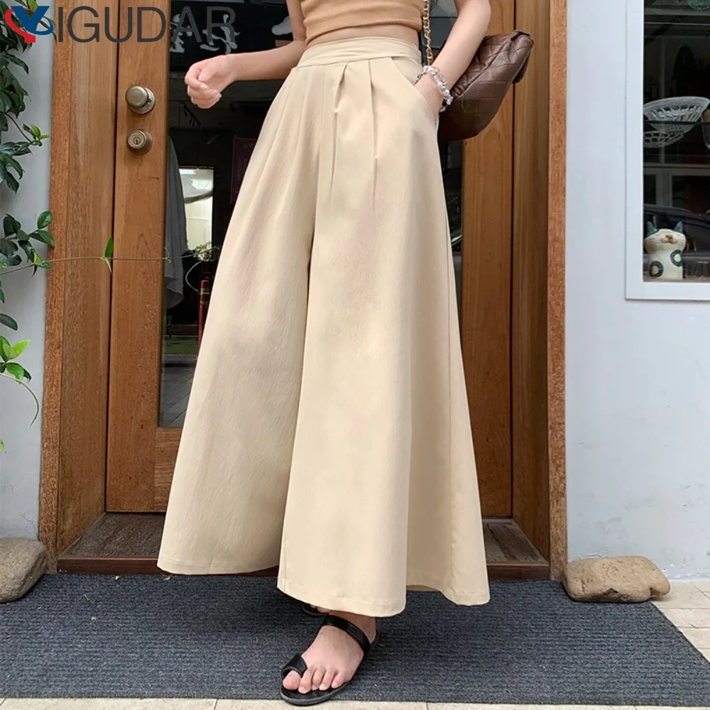

Summer New Ice Silk High Waist Lacing Wide Leg Pants Women Solid Loose Straight Sports Pant Casual Fashion Women Clothing