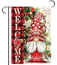 Merry Christmas Gnome welcome Garden Flag Burlap Small Vertical 12x18 Inch Santa Garden Flag