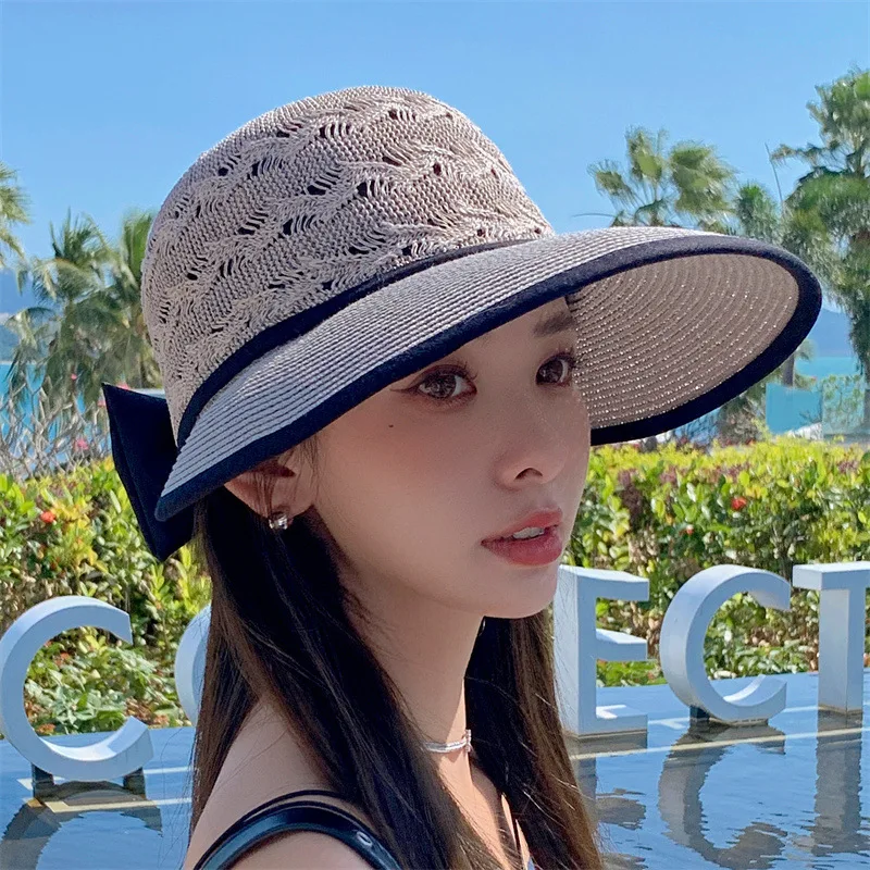 Women Ponytail Straw Sun Hat Wide Brim Visor Summer Adjustable Cap Sun Beach Foldable Hats 4