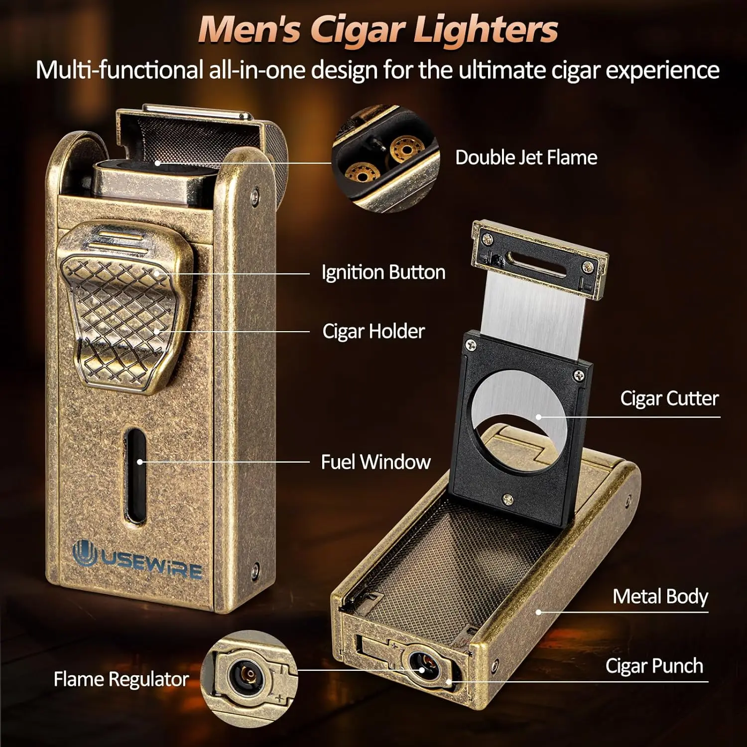 Leather Cigar Humidor with Cigar Lighter,Built-in Straight Cigar Cutter and Cigar Punch,Humidifier and Cedar Tray 5