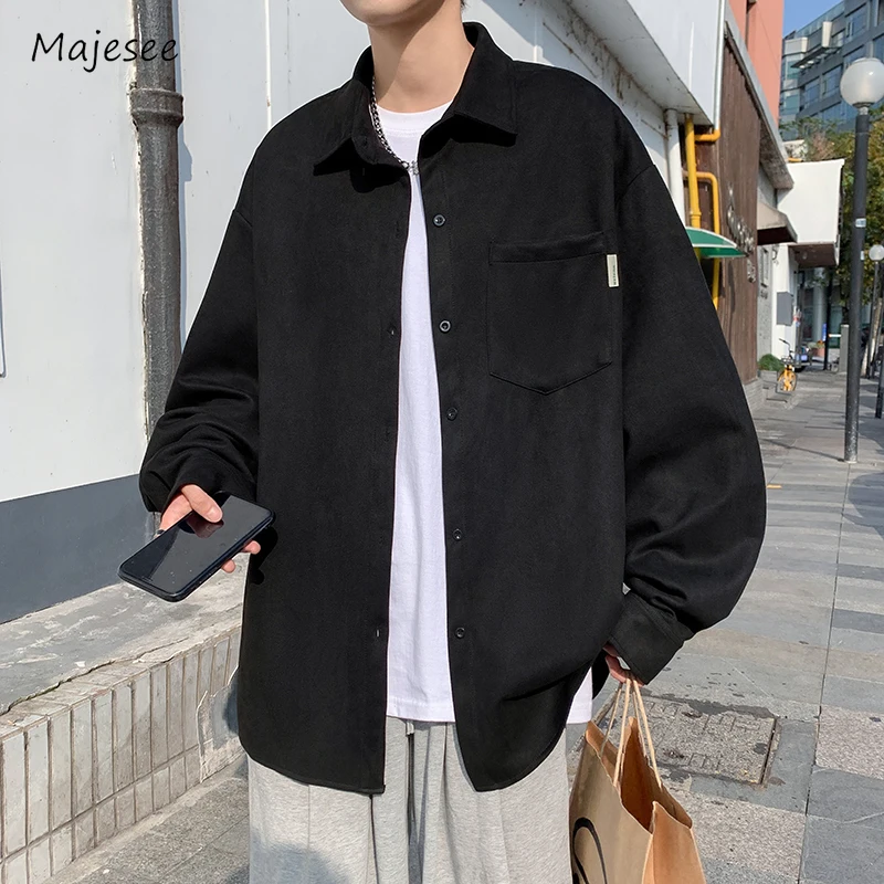 

Casual Shirts Men Loose Fashion Daily Spring Autumn Pocket Advanced Popular High Street Japanese Style Teenagers Solid Youthful