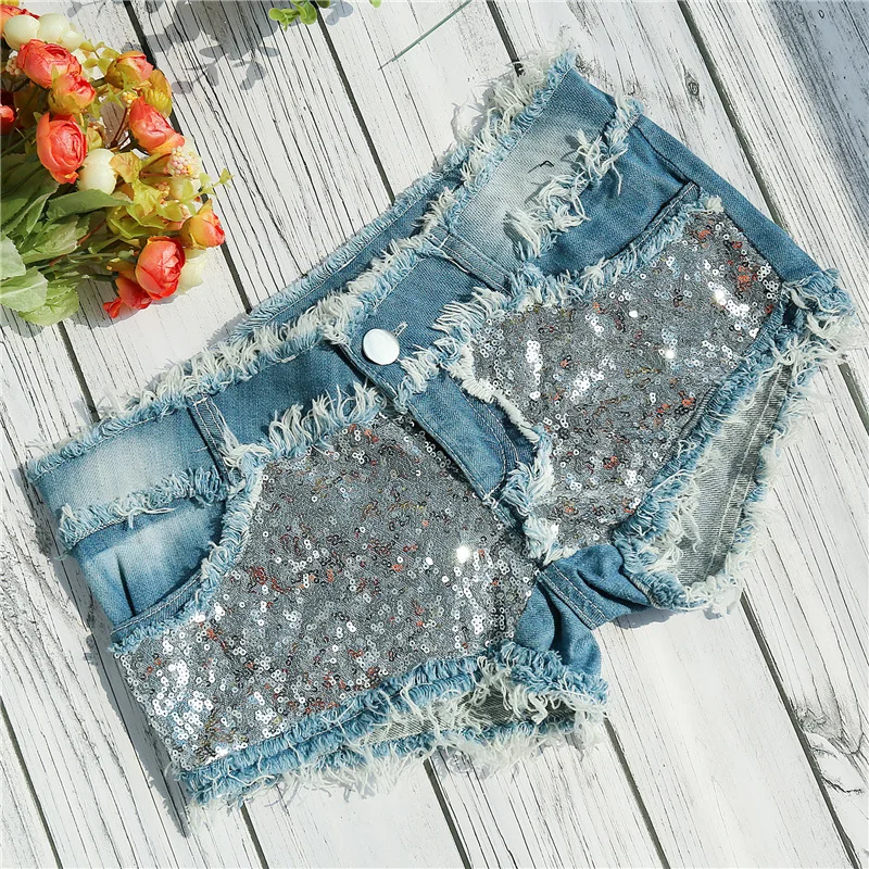

New Sexy Sequin Stitching Denim Shorts Super Low Waist Nightclub Women's Micro Shorts Jeans Feminino
