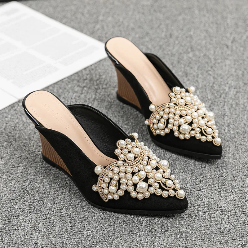 

Wedges Half Slippers Women Outerwear 2023 Spring Summer New Pointed Pearl Baotou Mules Shoes 8cm High Heel Women Slides Slipper