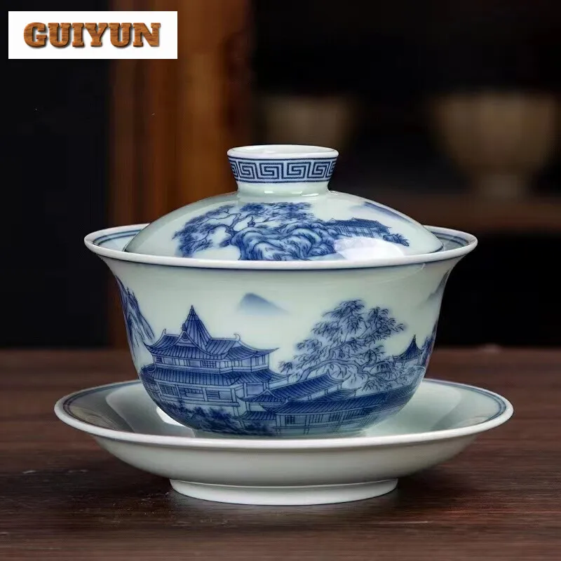 200ml Blue and White Porcelain Single Tea Making Bowl, Sancai Gaiwan Ceramic Glazed Red Lid Bowl Household Kung Fu Teaset Gifts
