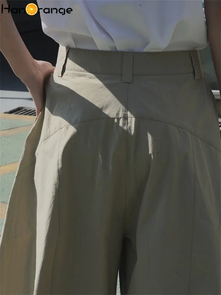 HanOrange 2023 Summer Air Feeling Neutral Arc Wide Leg Pants Women Loose Casual Trousers Female White/Military Green/Pink
