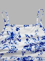 Robe d'été pour filles, imprimé floral bleu, taille froncée, ourlet à volants, tenue décontractée pour vacances à la plage 5