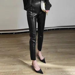 2023 Women New Genuine Sheepskin Pants Casual Versatile Slim Real Sheep Leather Pants E14