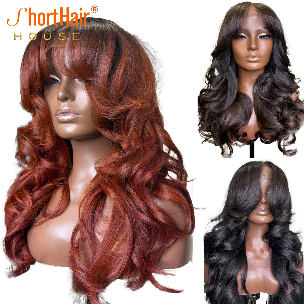 99j Human Hair Wigs With Curtain Bangs Layered Style Wigs Human Hair Glueless 7x5 4x4 Lace Closure Loose Wave 360 Lace Wig