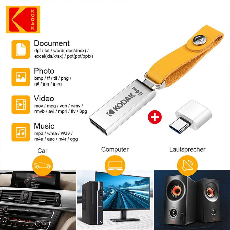 Kodak-metal Flash Drive Usb 2.0 Pendrive 64gb Memória de Disco Mini u Adaptador tipo c Alta Velocidade pc Carros Landyard Novo 10 Peças - Imagem 3