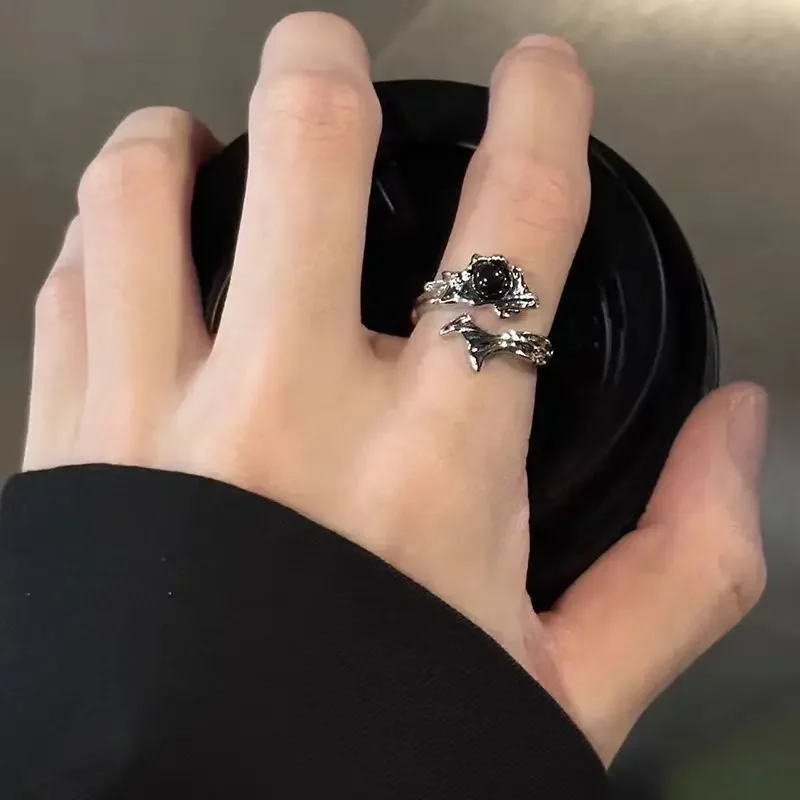 Gothic Irregular Gemstone Ring Aesthetic Girls Adjustable Black Stone Ring Women's Liquid Punk Ring Vintage Jewelry Accessories 5