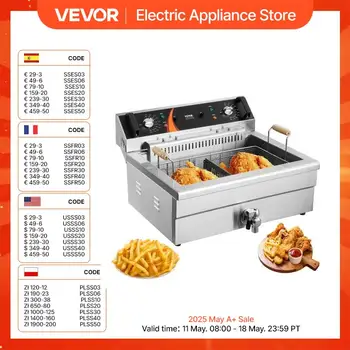 VEVOR Friggitrice Commerciale Elettrica da Banco per Tacchino 2250W, Friggitrici a Olio 29 L con Cestello, Acciaio Inox Spesso 1 mm, Controllo Tempo Temperatura, per Uso in Cucina Ristorante 1
