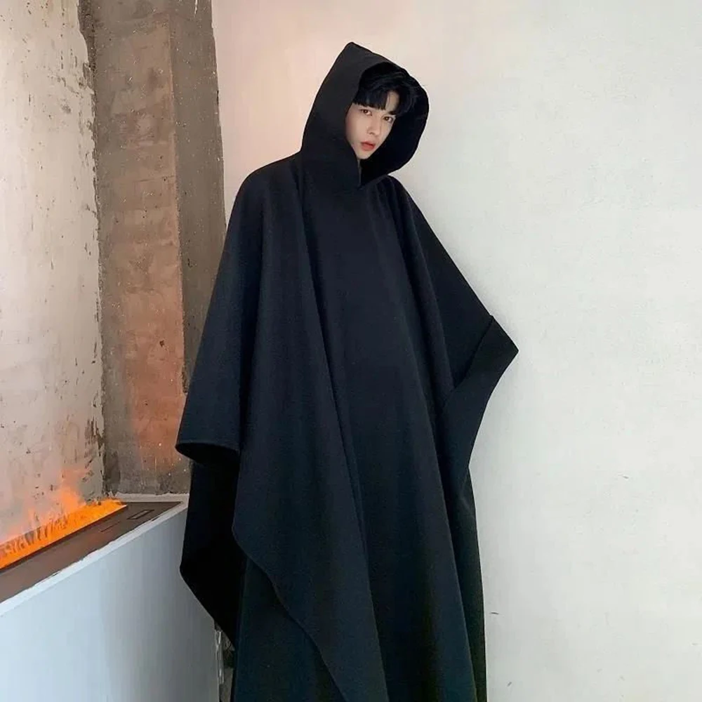 2024 Men Japan Street Style Hooded Robe Cloak Trench Coat Outerwear Male Gothic Punk Fashion Show Pullover Long Jacket Overcoat chinese character button tang suit show dress man clothing china traditional robe male costume peignoir chinese style robe