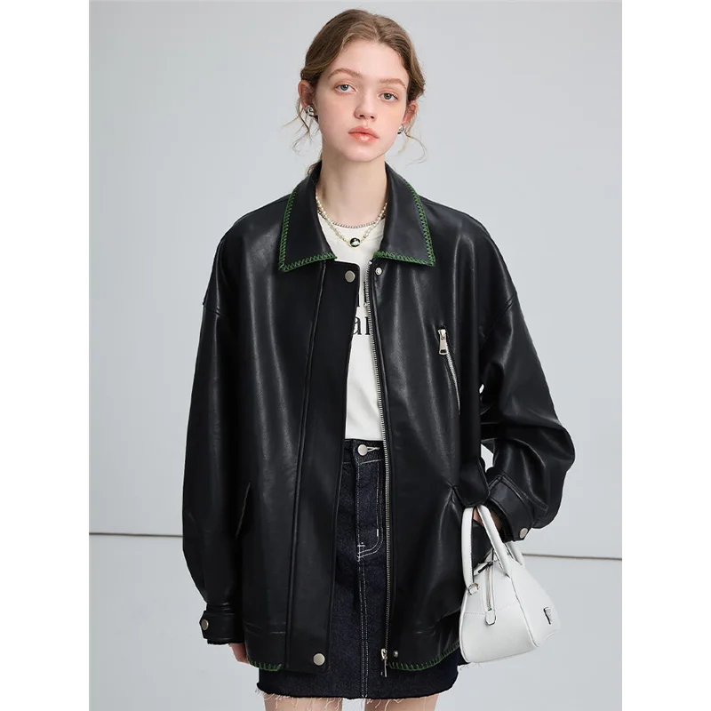 

MOLAN Black Woman Leather Jacket Vintage Bomber Oversze Coat Fashion Zipper High Street Female PU Coat Outwear