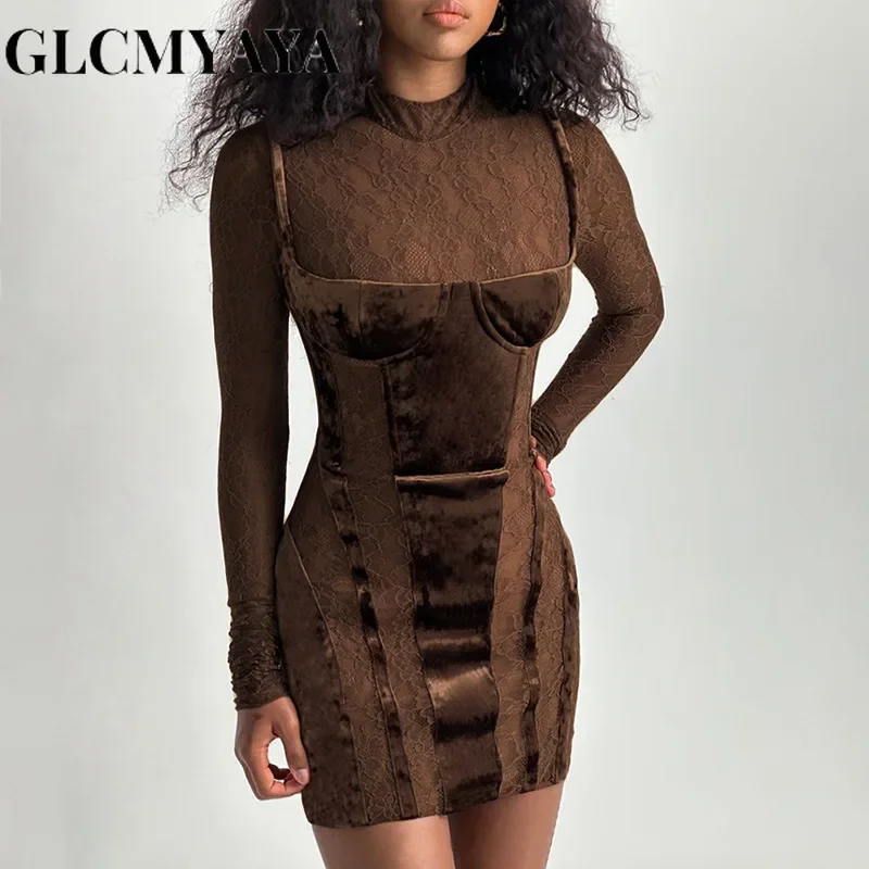 

GLCMYAYA Women Vintage Lace Sheer Spliced Long Sleeve O-Neck Bodycon Dress 2023 Solid Sexy & Club Party Night A-LINE Dresses