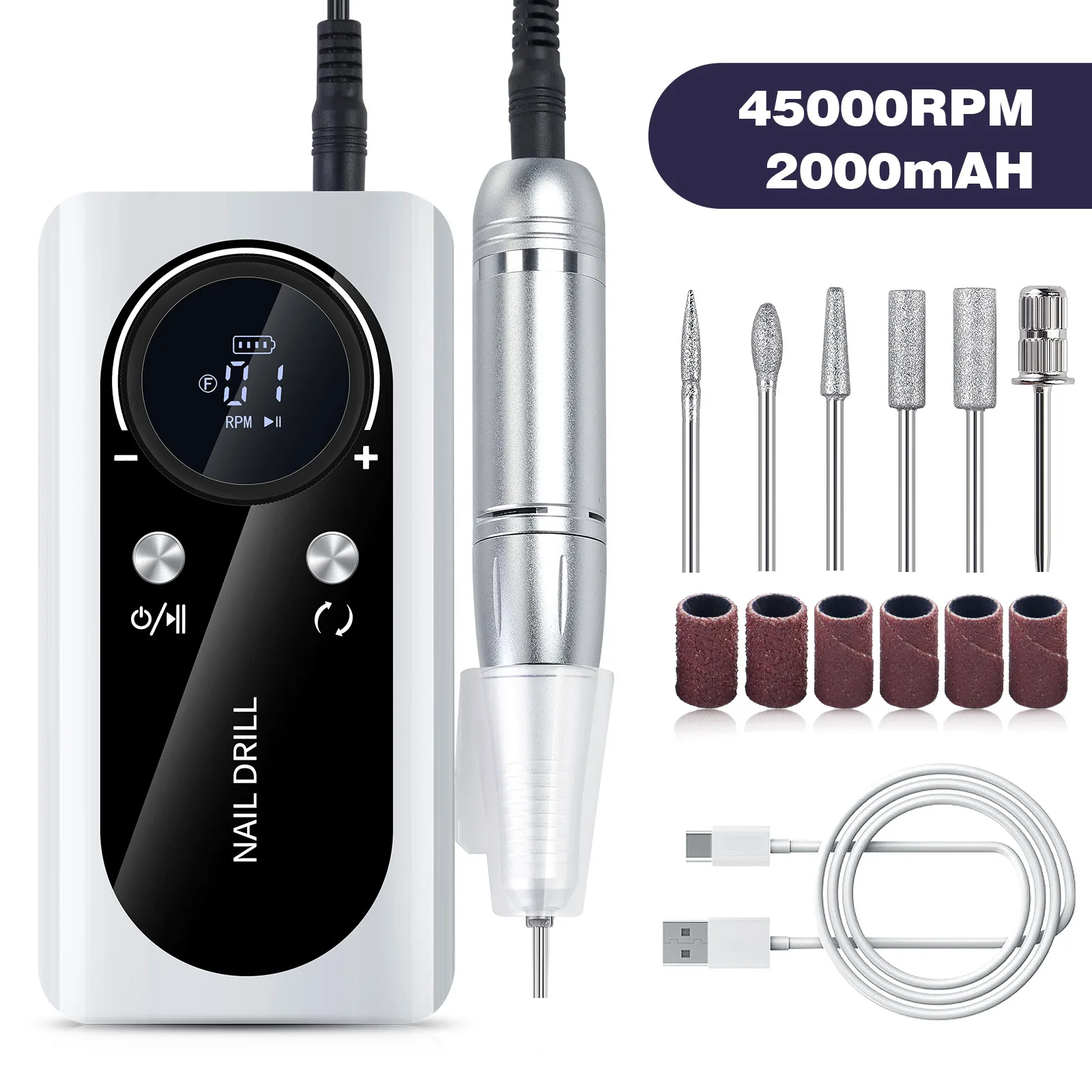 

45000RPM Professional Rechargeable Electric Nail Drill Machine Portable Cordless Nail File For Acrylic Gel Nails Remove
