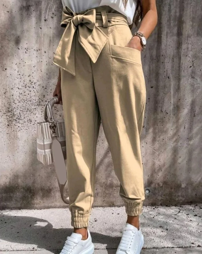 

Casual Simple 2024 Women Long Pants Spring Summer Tied Detail Pocket Design Cuffed Solid Color Versatile Pants Set