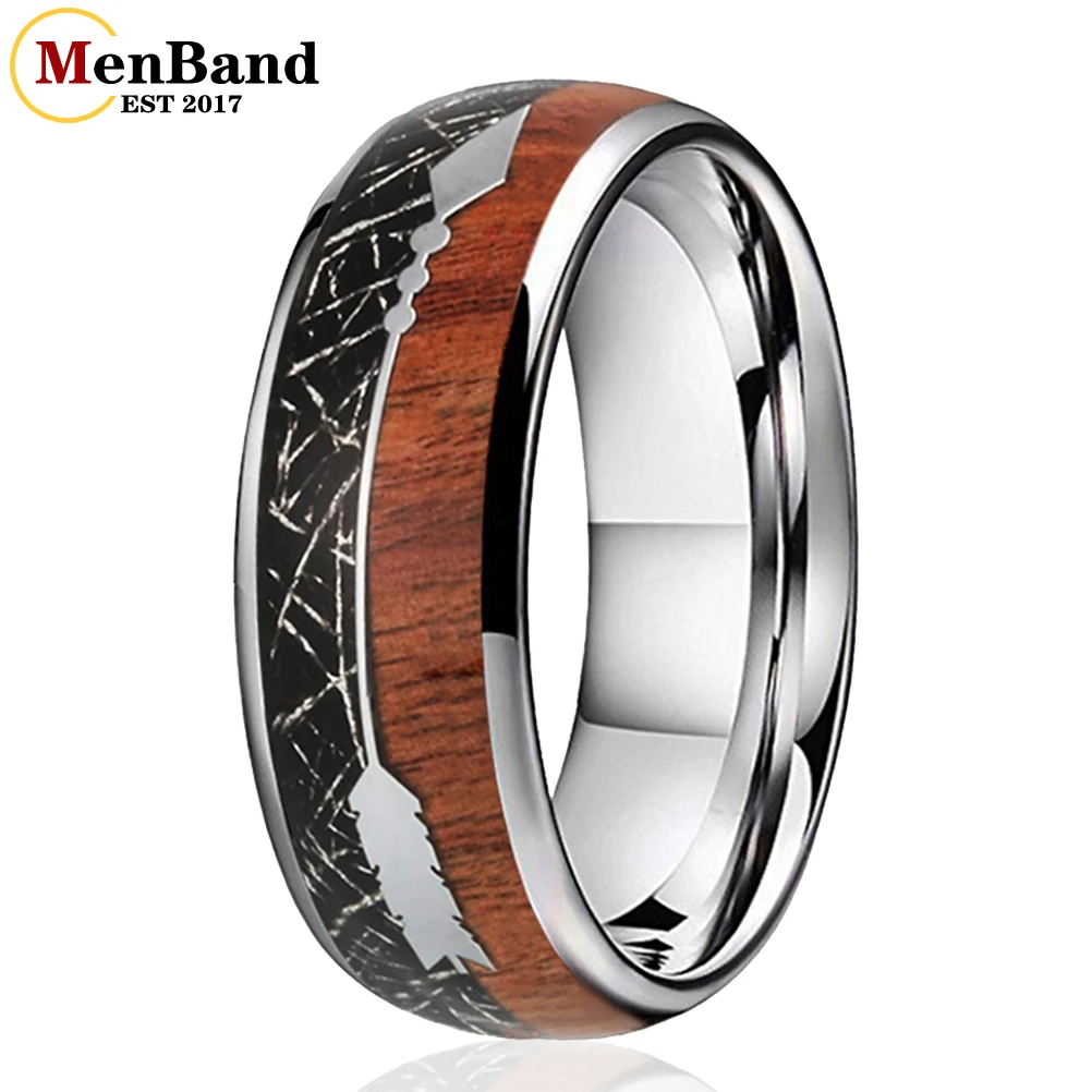 MenBand 8MM Men Women Tungsten Carbide Wedding Band Ring with Black Meteorite and Koa Wood Arrow Inlay Domed Comfort Fit tungsten carbide rotary burr set 10pcs carving burr bits with 3mm shank 6mm bit for wood
