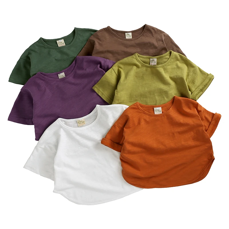 2025 Children Summer Outfits T-shirt Clothes Solid Cotton Breathable Short Sleeve Teens Top For 2-7T Toddler Kids Korean Style 3