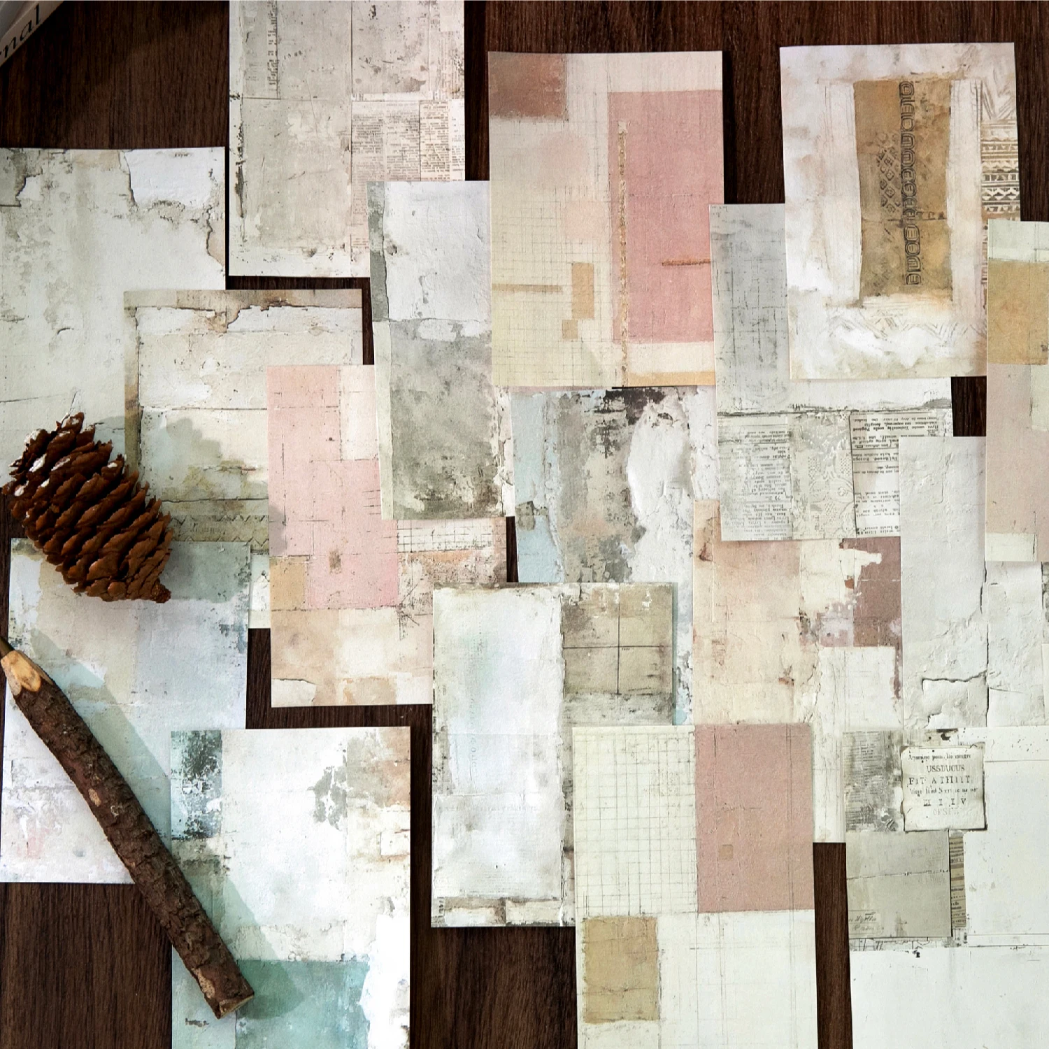 Vintage Distressed Lightweight Paper Set - Aesthetic Grunge Scrapbook Ephemera (40 Pieces)