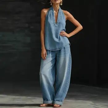 Women Denim Vest Pants Set Summer Vintage Washed Denim Sleeveless Hanging Neck V-neck tank top Straight Leg Pants OL Commuting 1