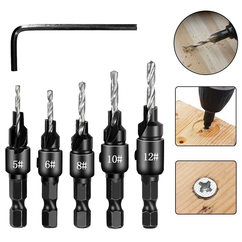 

1pc Countersink Drill Bit Set Wood Tools Carpentry Woodworking Drill Bit Pilot Holes Hex Shank Screw Size #5 #6 #8 #10 #12