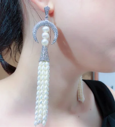 Hot sell European American styles natural white freshwater pearl micro inlay zircon Moon earrings fashion jewelry