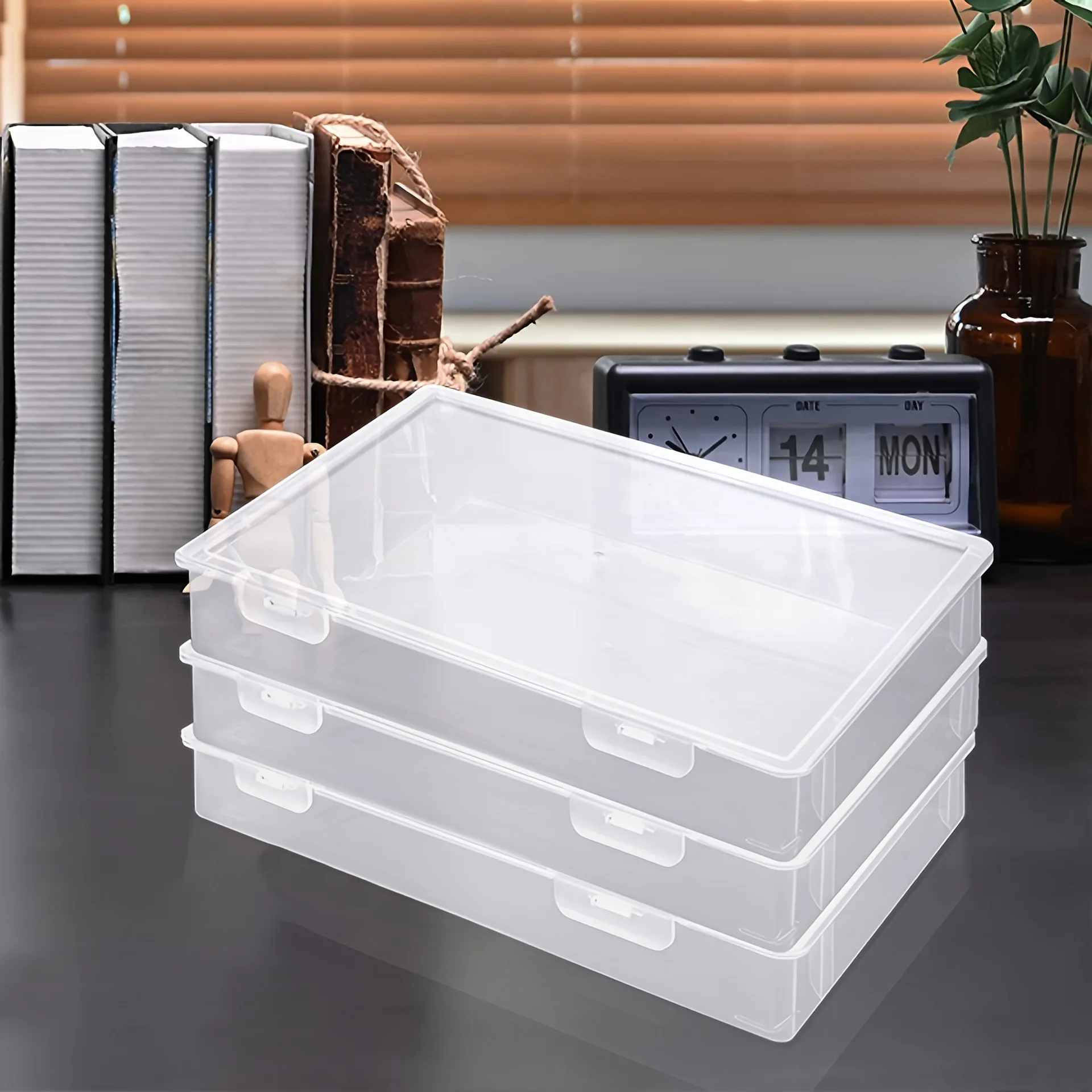 Transparent Plastic Storage Box with Flip Lid,Durable, Stackable Organizer for Office & School Supplies, Documents