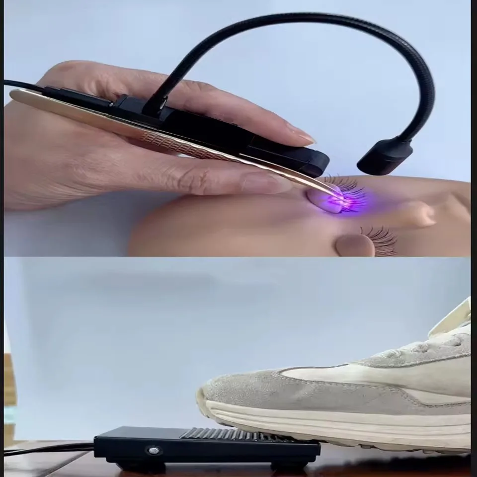 풋 페달이 있는 2 in 1 속눈썹 UV LED 접착 핀셋 램프 (UV 콜로이드 경화 속눈썹 접착 램프 포함) ? 1/2병 접착제