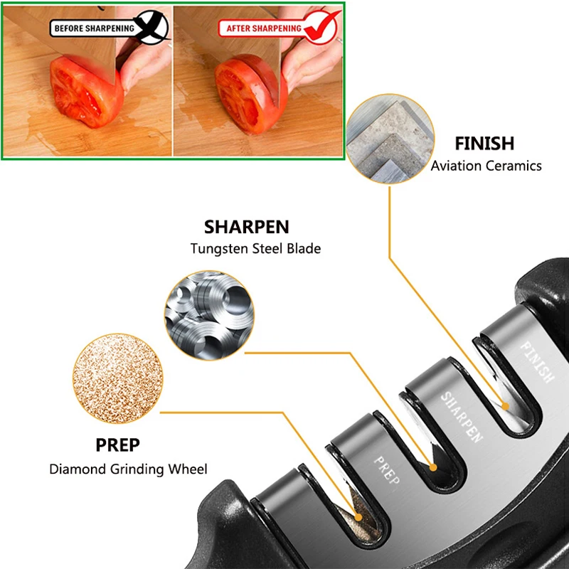 Knife Sharpener Stainless Steel 3 Stages Professional Kitchen Tool Sharpening Stone Grinder Knives Whetstone Diamond Sharpener