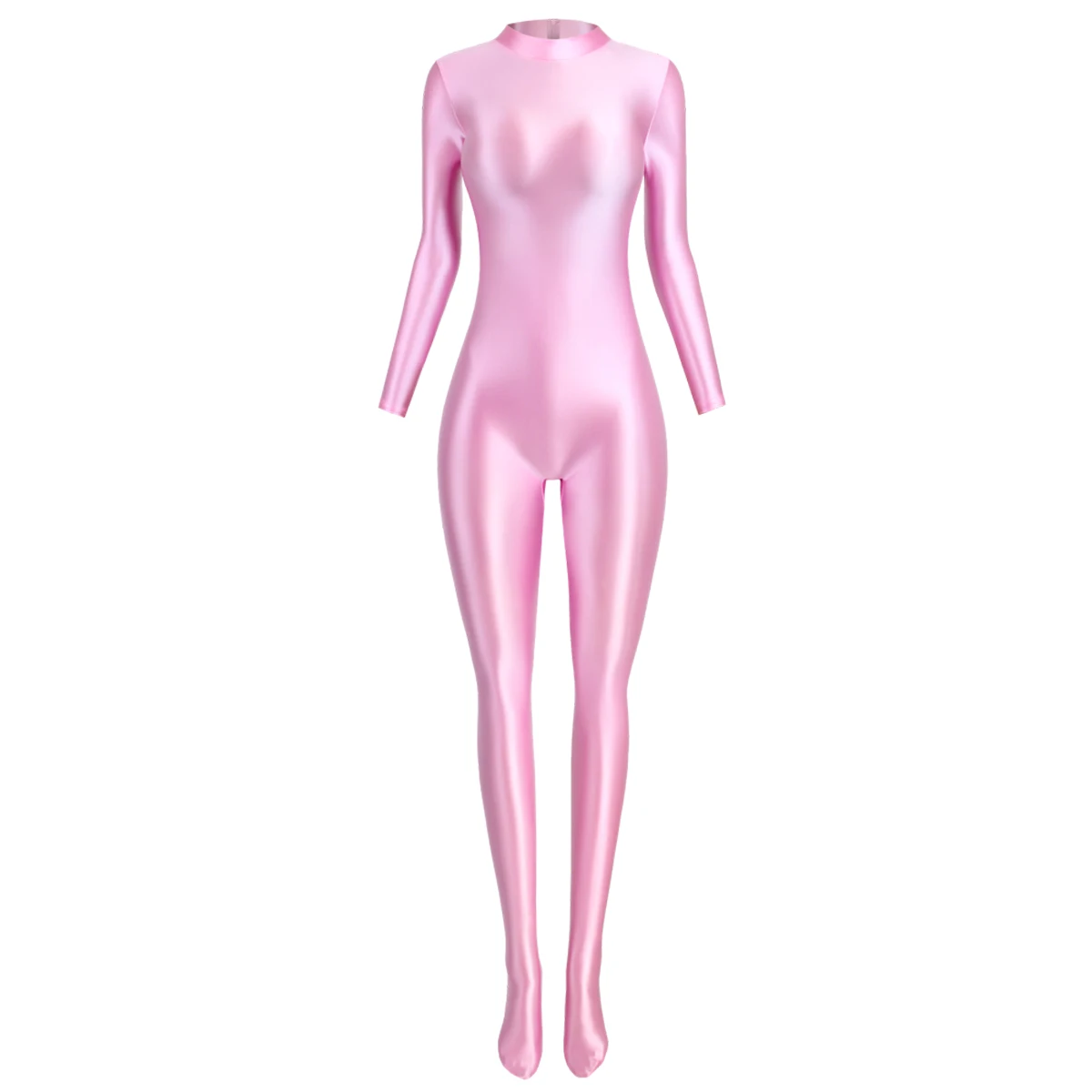 MJINM Glossy Silky Smooth Satin Long-sleeve Back Short Zipper Tight Gym Fitness Bodybuilding Jumpsuit Bodysuit Playsuit Overalls 2