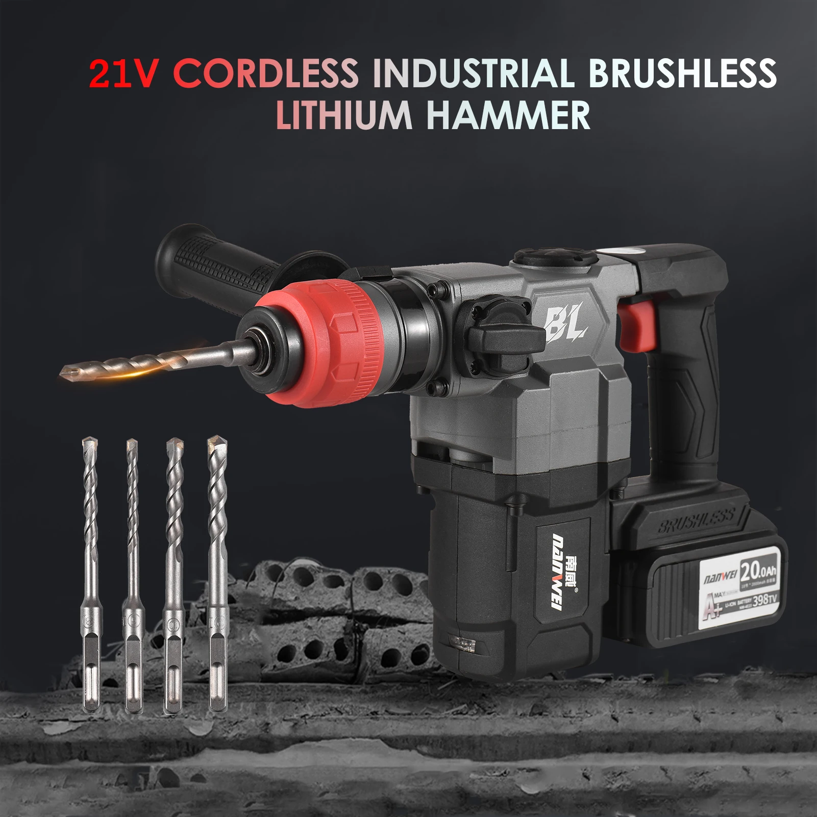 

NANWEI 21V Cordless Industrial Brushless Lithium Hammer 4.0Ah Lithium Electric Hammer