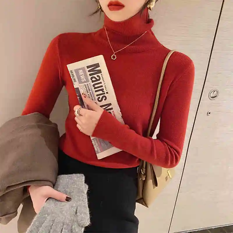 New Autumn and Winter Women's Turtleneck Long-sleeved Sweater Elegant Slim-fitting Knitwear Bottoming Shirt Solid Color Top