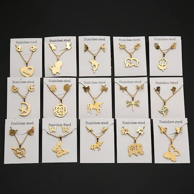 New Animal Flower Butterfly Pendant Stainless Steel Necklace For Women Gold Color Chain Necklaces Earrings Jewelry Set Gifts 1