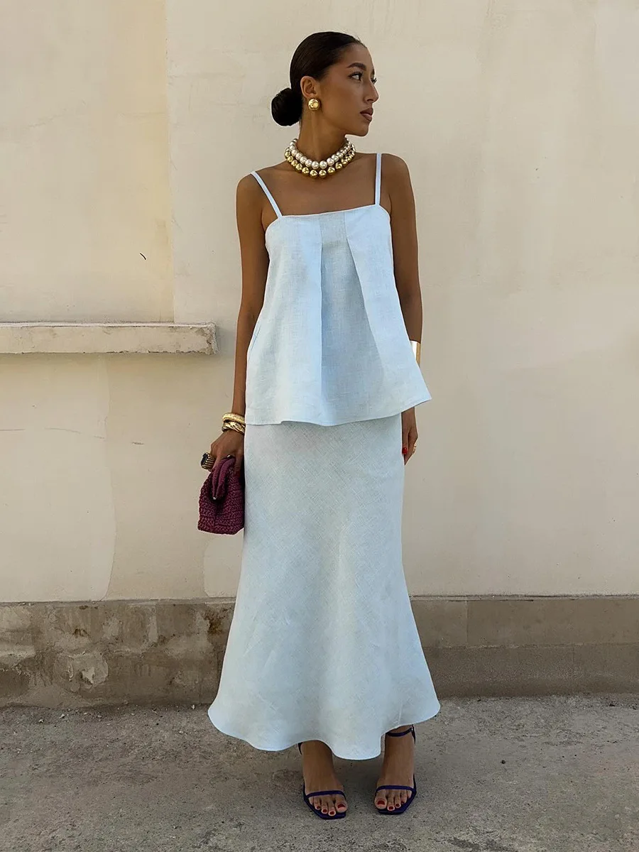 Bornladies 2026 Spring Summer New Cotton Women's Cami Skirt Set Elegant Lazy Cami Mermaid Maxi Skirt Two-Piece Outfit