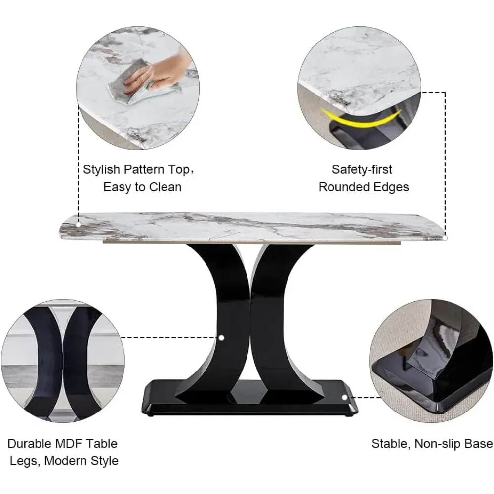 Dining Table Set for 6, Marble Kitchen Table Chair Set for 6, Rectangular Kitchen Table with 6 Pu Leather Upholstered Chair 3