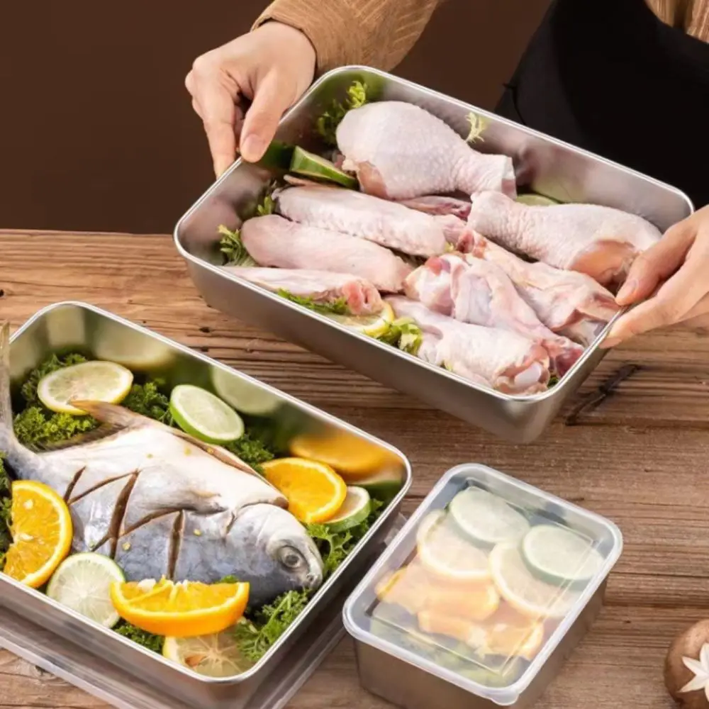 Stainless Steel Square Plate Rectangular Large Kitchen Storage Plate with Lid Multifunction Commercial Dish Tray 5