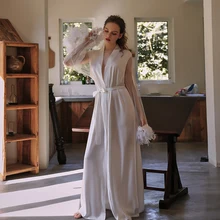 

Long Robes for Women Pajamas Silk Nightgown Satin Bathrobe Dressing Gown Feather Sleepwear Femme Brides Nightie Sexy Clothes