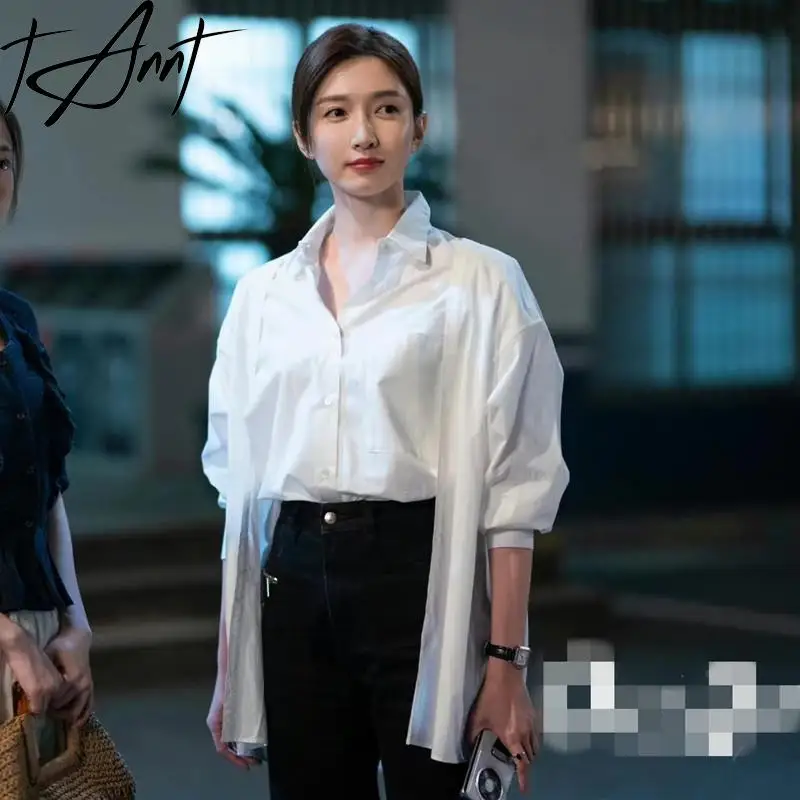 

Tannt Women Shirt Asymmetry Patchwork White Cotton Casual Shirts Blouses Long Sleeves Fashion Blouses Tops Women 2023 New