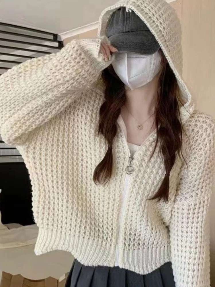 New Autumn and Winter Solid Color Women's Hooded Lantern Sleeve Sweater New Cardigan Zipper Loose and Elegant Knitwear