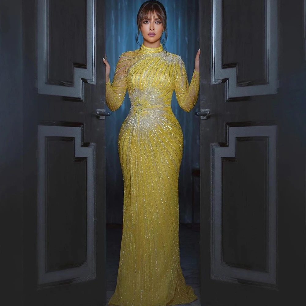 

Luxury Dubai Yellow Evening Dress For Women 2023 Sequined Mermaid High Neck Arabic Beaded Crystal Vestido Formal Party Prom Gown