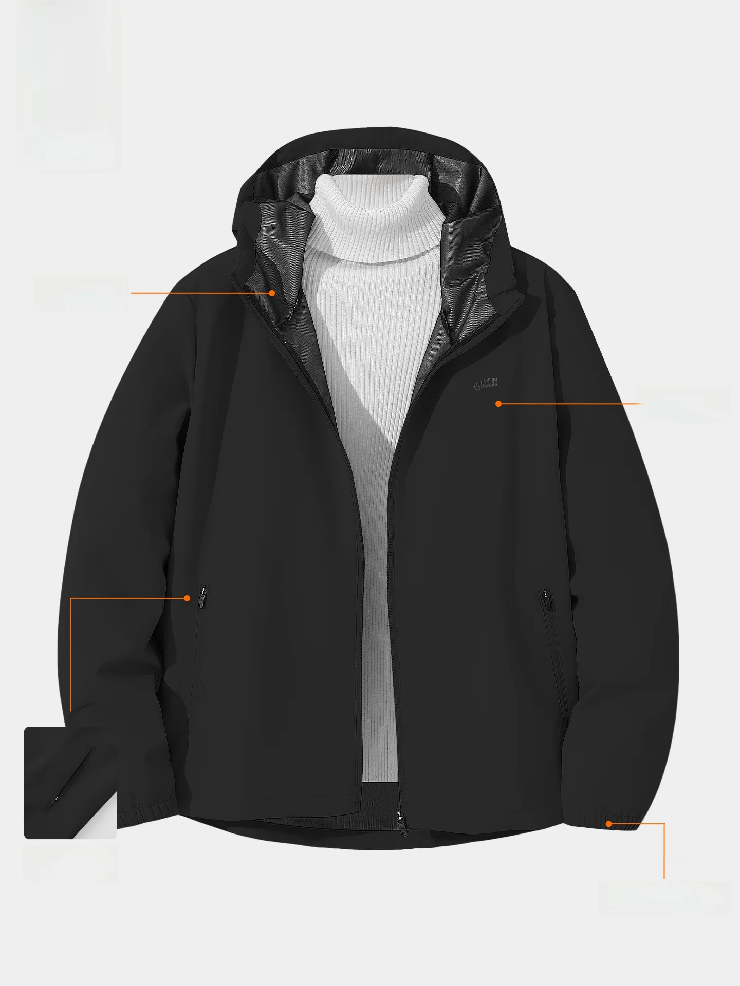 36도 남성용 방풍 웨어러블 아웃도어 스포츠웨어 경량 우븐 재킷 (후드, 지퍼 포켓, 폴리에스터 섬유)