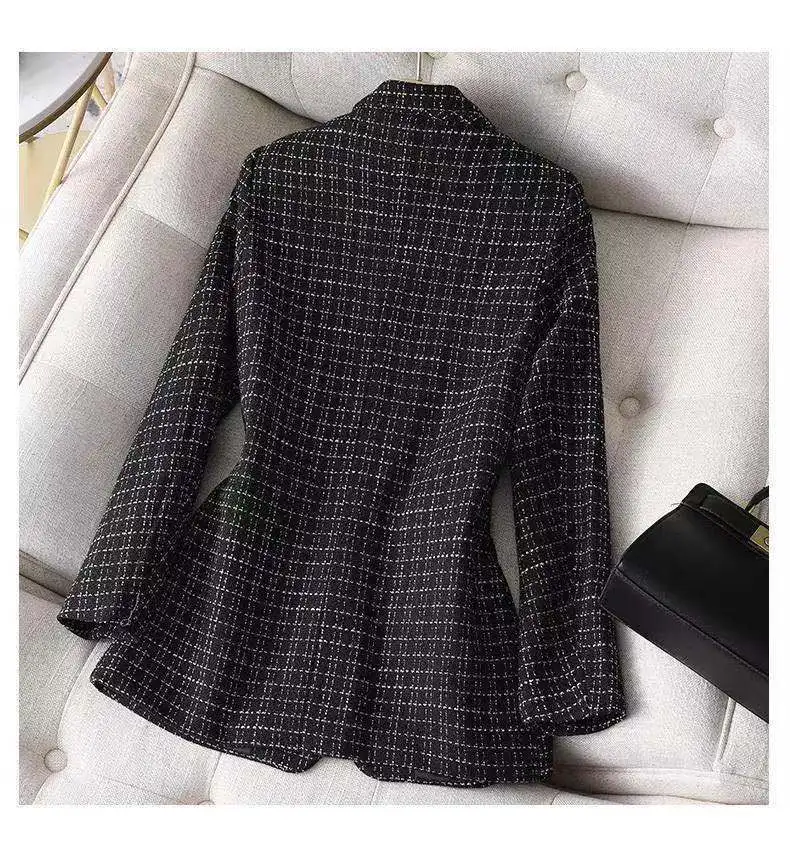 Primavera e Outono Terno Xadrez Feminino Tamanho Grande 2022 Nova Versão Coreana Moda Preto Pequena Fragrância Jaqueta Casual Solta 18 e outono nova versão coreana moda preto